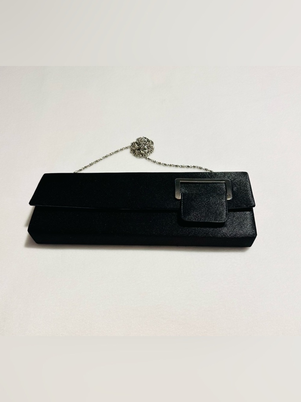 Bijoux Terner Vintage Inspired Black Satin Evening Clutch with Silver Chain